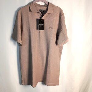 BoohooMAN Polo Shirt XL Light Tan Cotton Waffle Knit Embroidered Tipped NWT